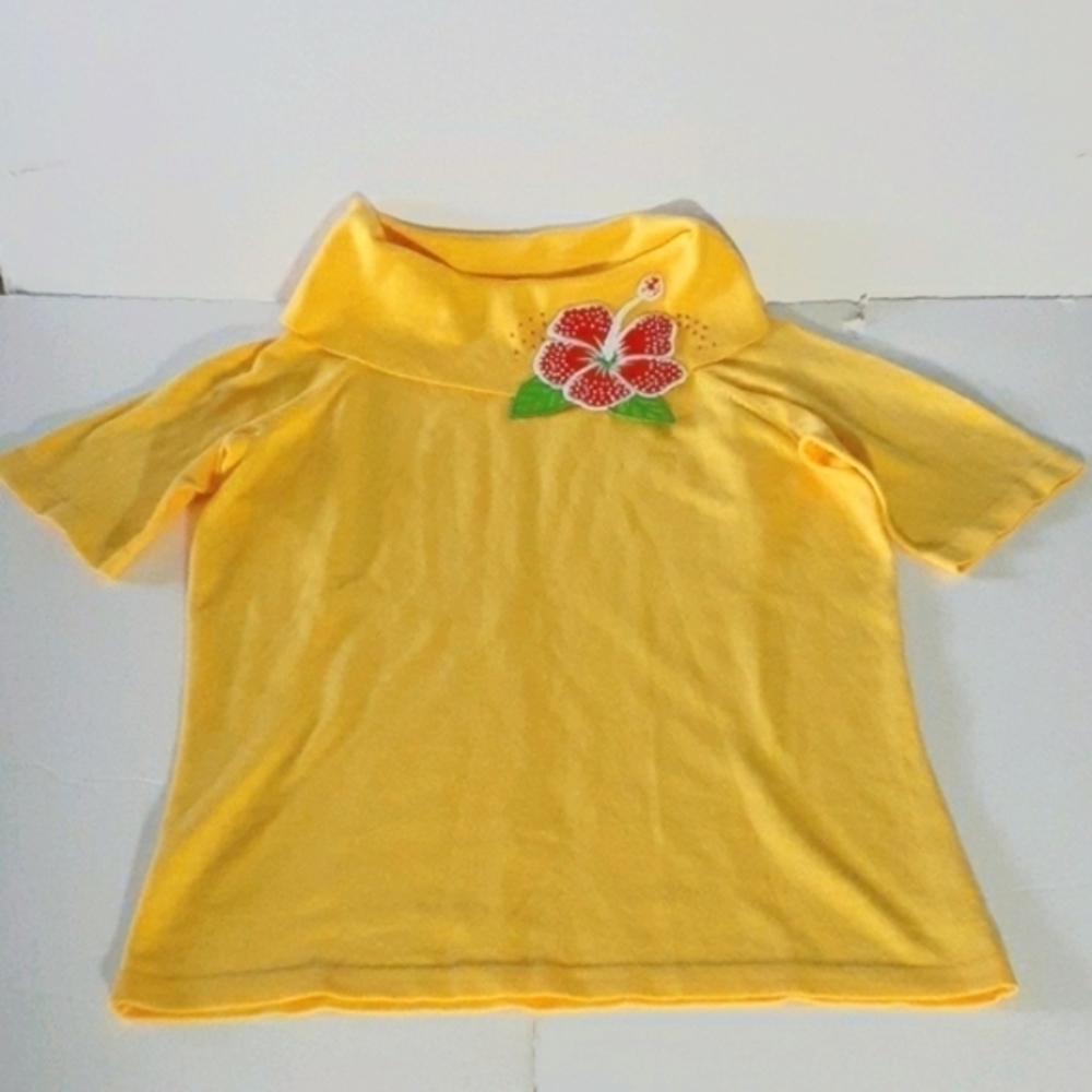 Vintage Yellow Rolled-Up Neck Hibiscus Embroidered Shot Sleeve Sweater Top SZ S